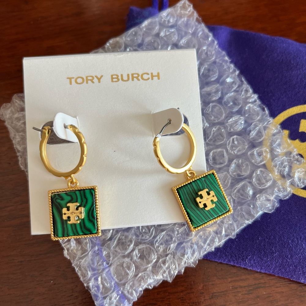 Tory Burch Gold Hoop Earrings with Green Square Malachite-Style Drops